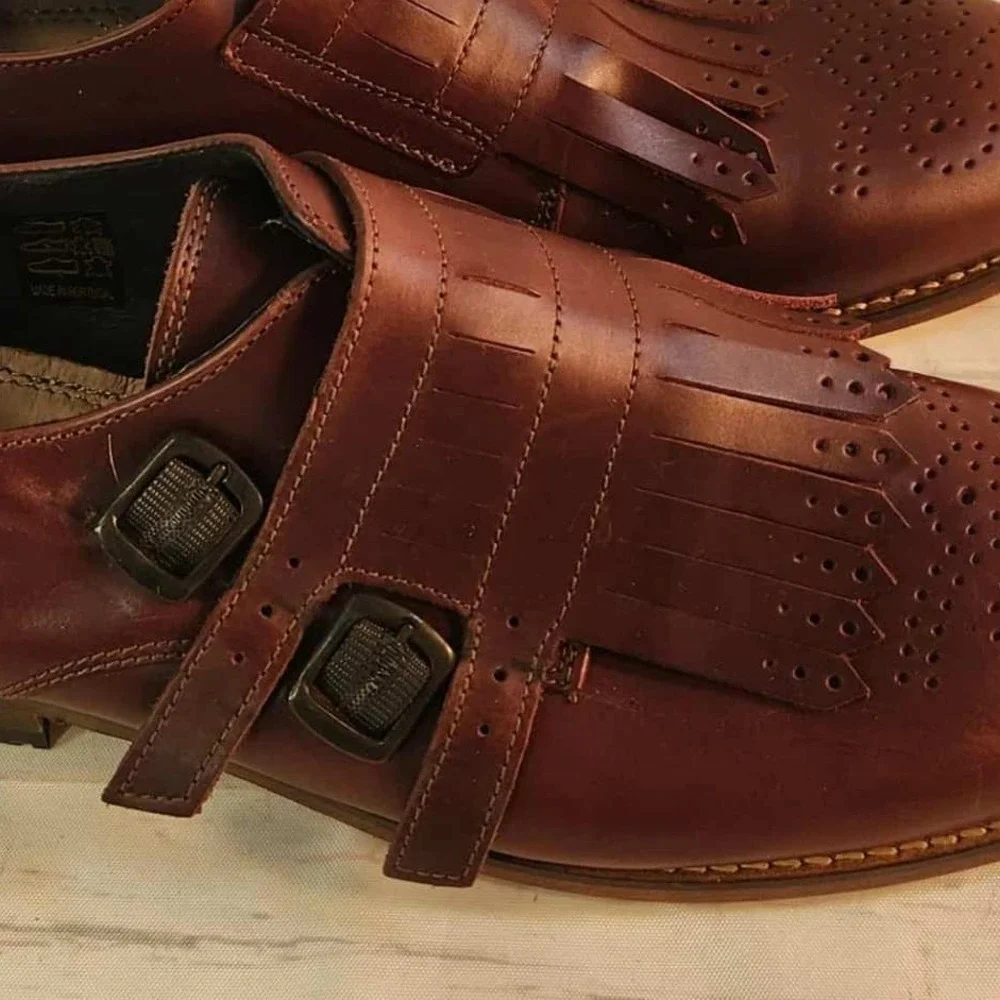Burgundy Leather Monk Strap Loafer Shoe with Fringe and Brogue‎ Detail Men 40 eu